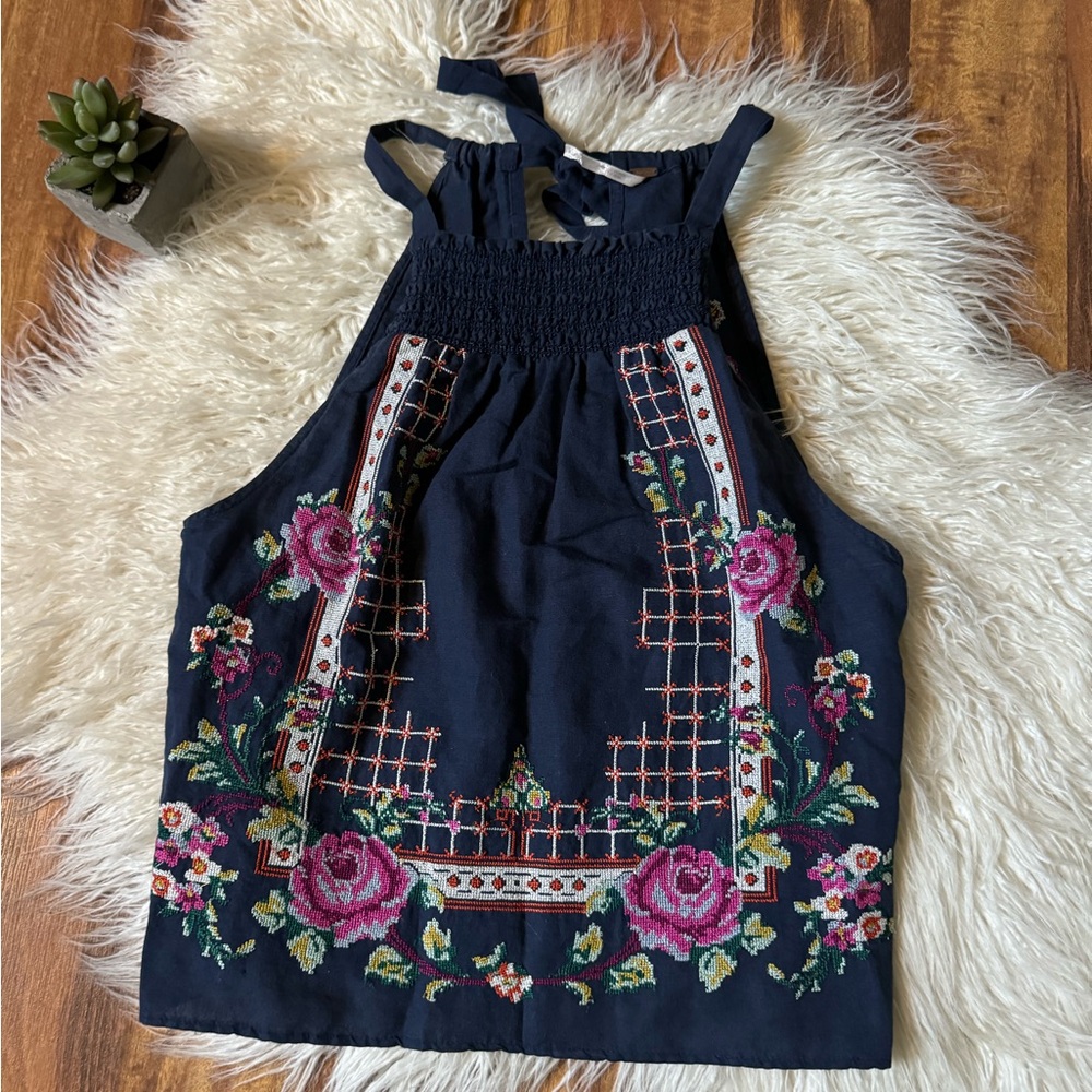 Free People Homey Pie Embroidered Tank Navy Blue